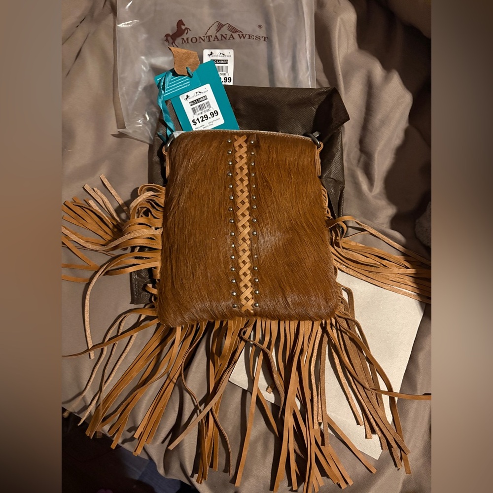 Montana West Brown Fringe Crossbody Bag with Hair-On Hide